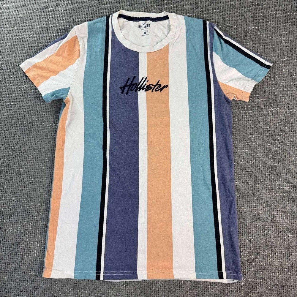 Hollister Striped Logo T-Shirt Mens XS Multicolor Vertical Stripe Crewneck